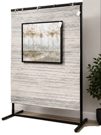 58-inch area rug display rack frame holding a rug and framed artwork